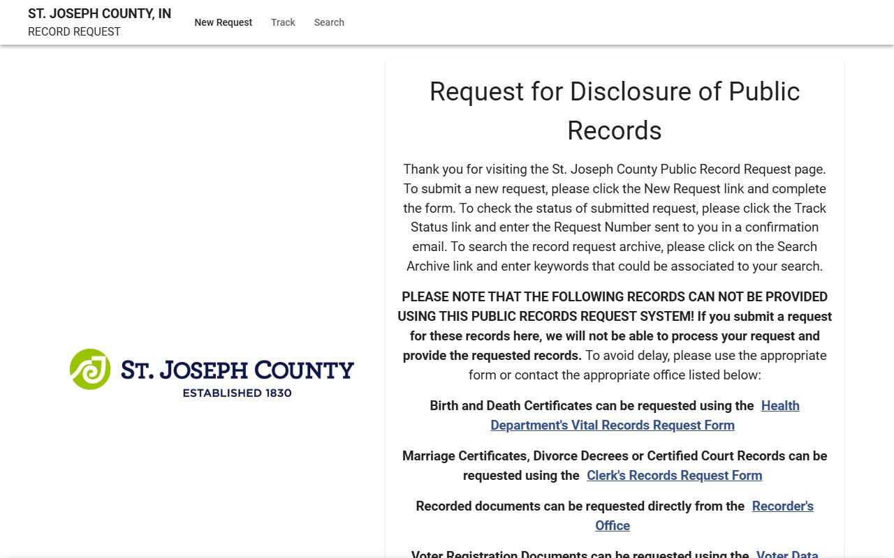 St. Joseph County inmate records JustFOIA public records request portal